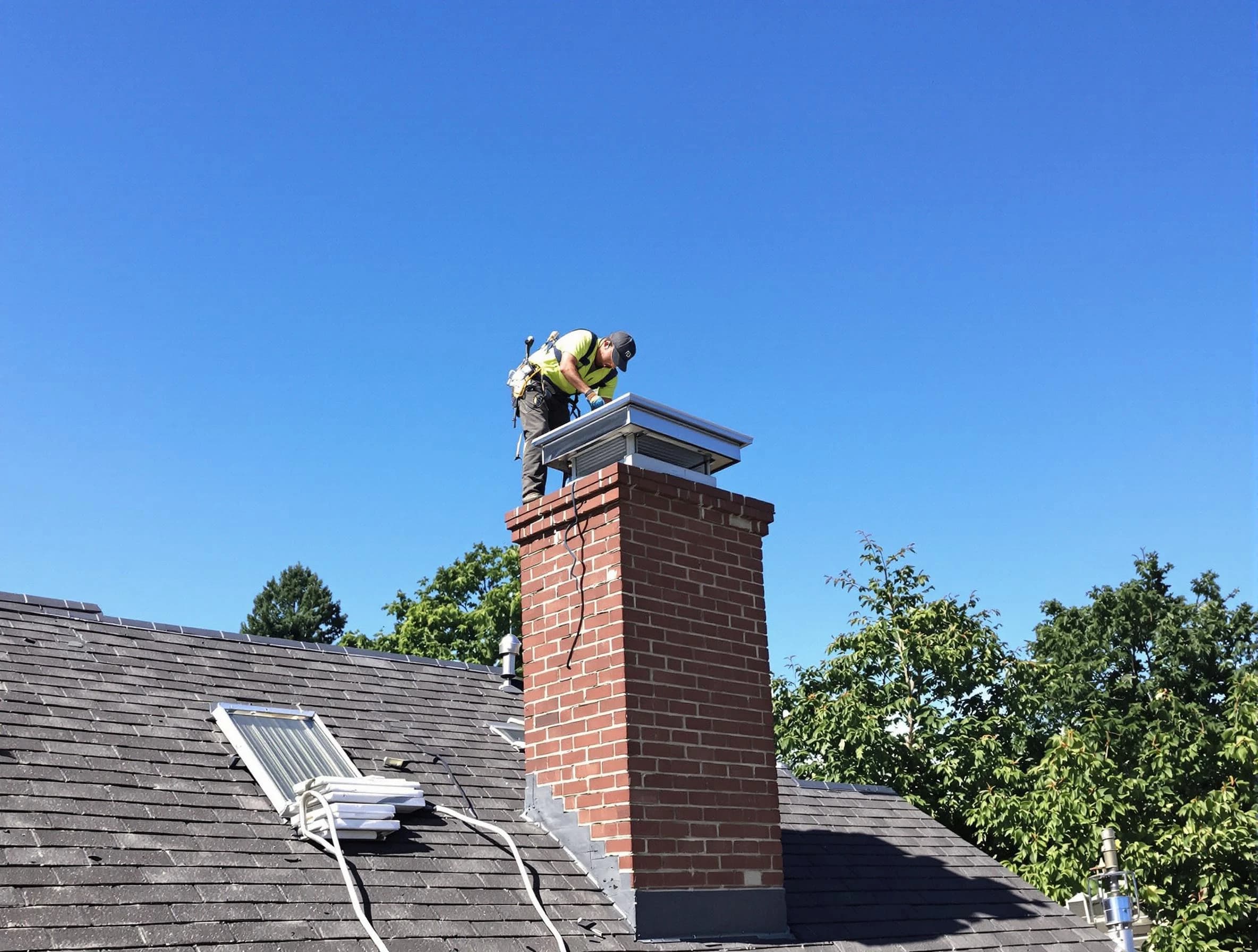 Newton Chimney Sweep technician measuring a chimney cap in Newton, MA