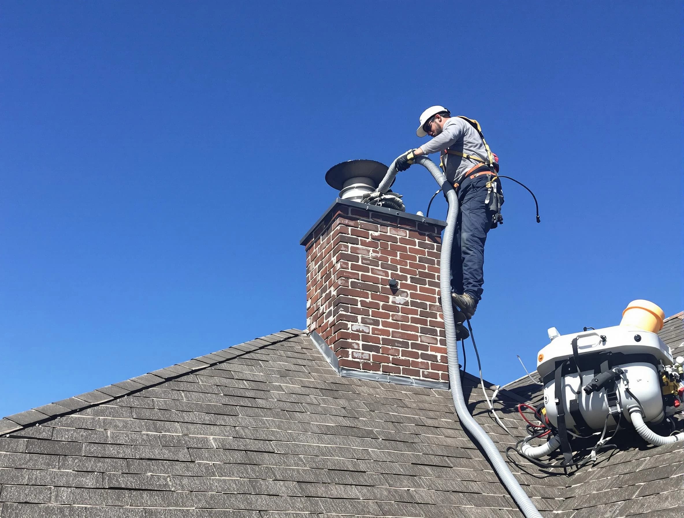 Dedicated Newton Chimney Sweep team member cleaning a chimney in Newton, MA
