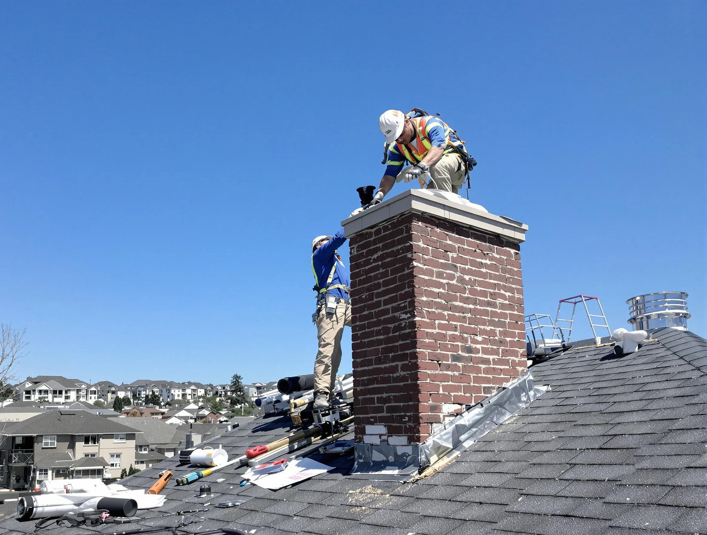 Newton Chimney Sweep repairing a chimney crown in Newton, MA
