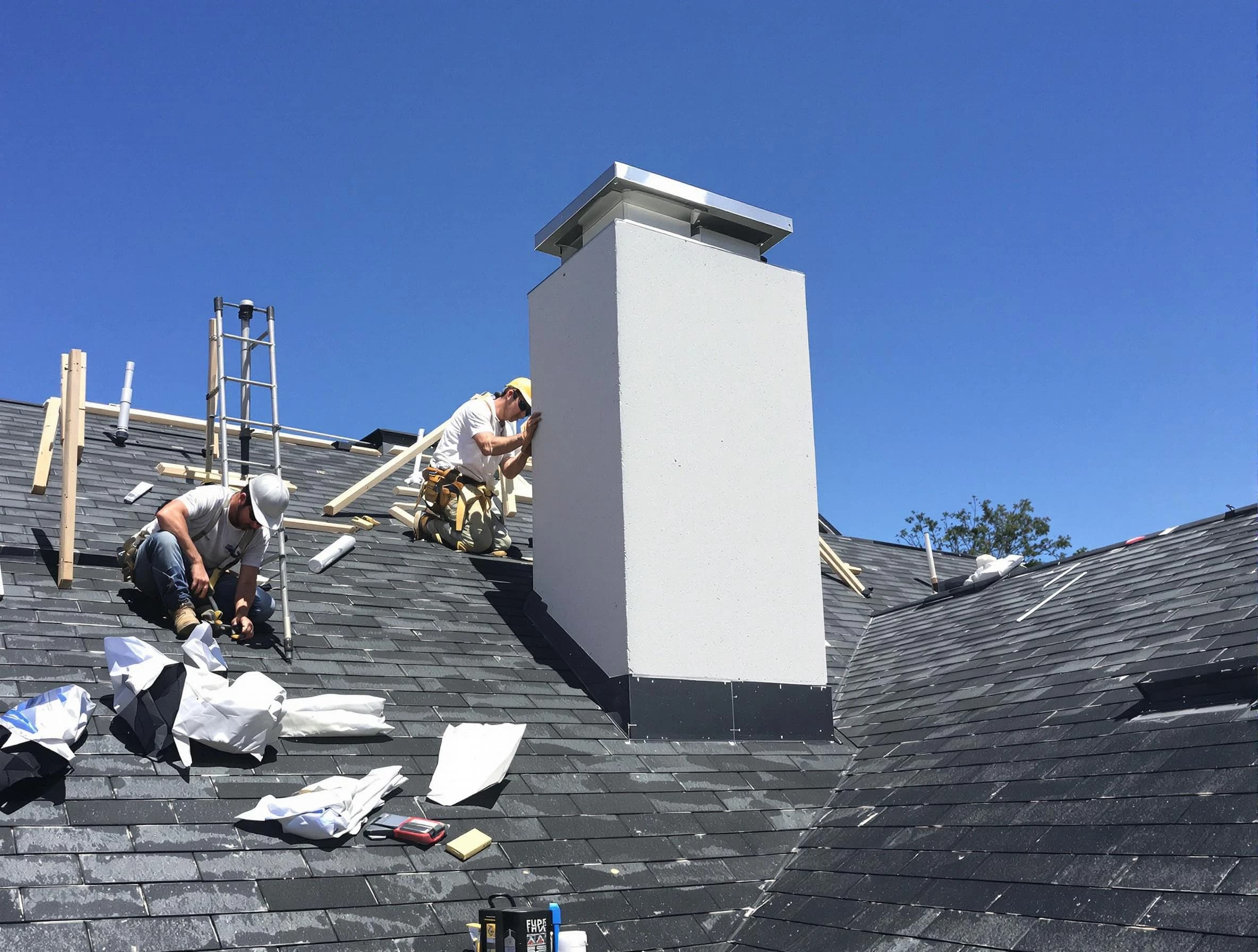Newton Chimney Sweep crew installing a new chimney in Newton, MA