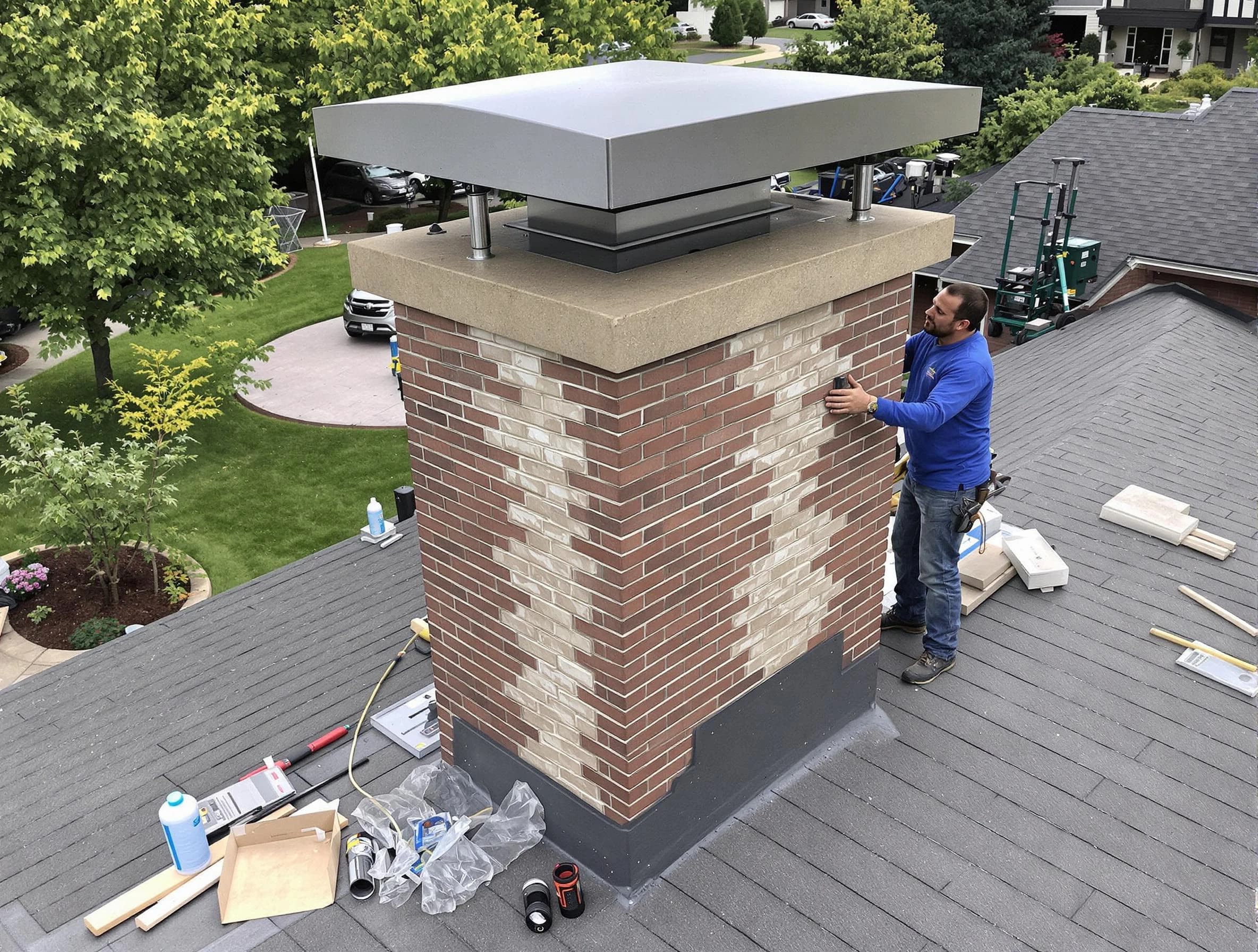 Newton Chimney Sweep team working on a custom chimney remodel in Newton, MA